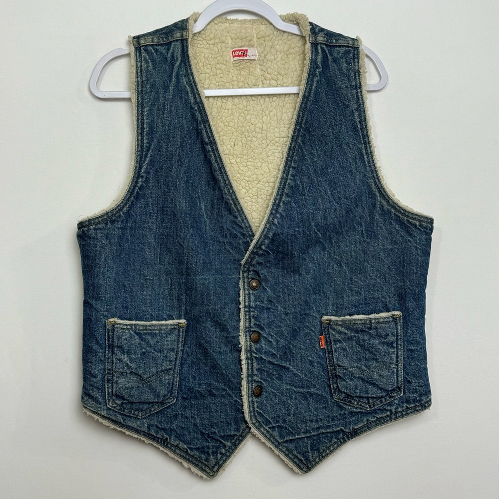 Vintage 70s Levi’s Orange Tab Shearling Lined Denim Vest Snap Button Men’s Large
